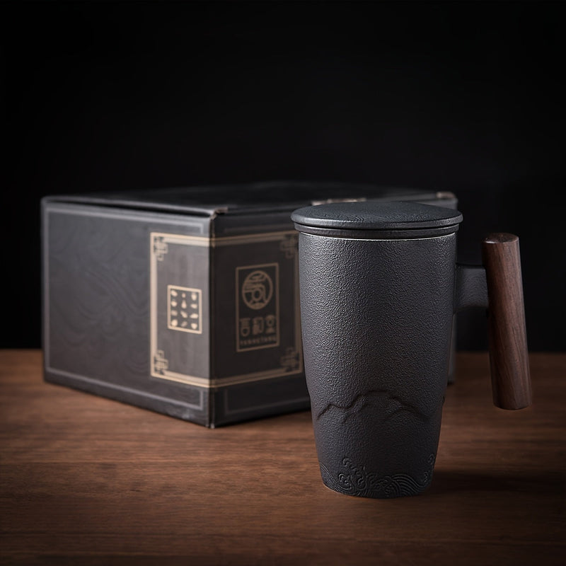 TeaCraft Keramik Tasse | Handgefertigt | Mit Teesieb & Holzgriff | Retro Design