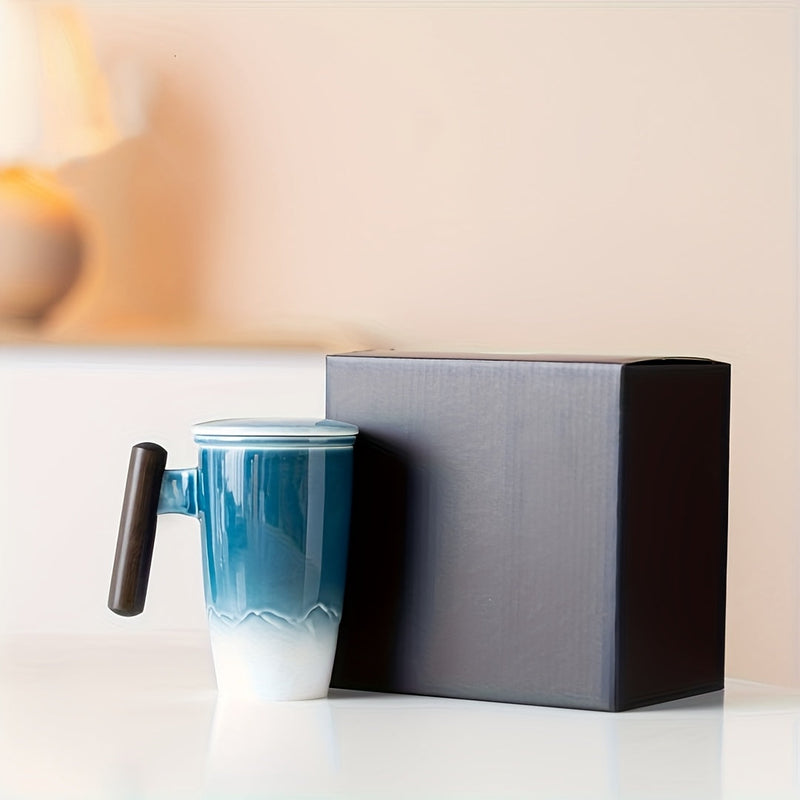 TeaCraft Keramik Tasse | Handgefertigt | Mit Teesieb & Holzgriff | Retro Design