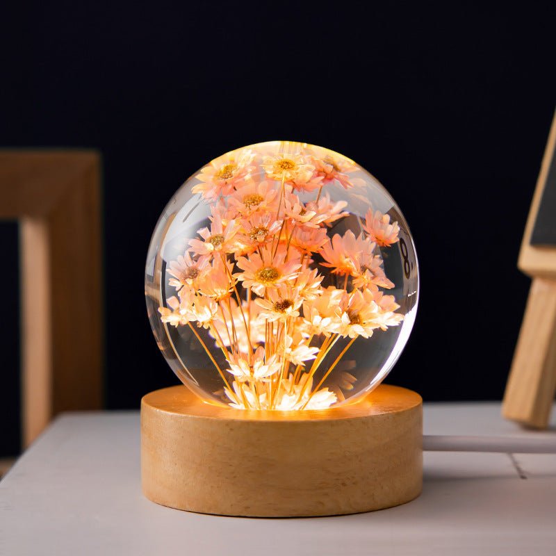 Floralis Kristallkugel-Lampe | 3D-Blütendesign | Löwenzahn & Gänseblümchen | USB-Holzsockel