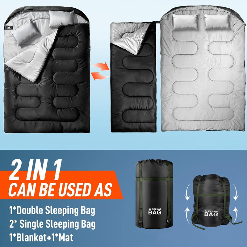 Camping-Schlafsack Duomira 2-in-1 | Doppelschlafsack & Einzelschlafsäcke | Integriertes Kissen | Warm & Komfortabel