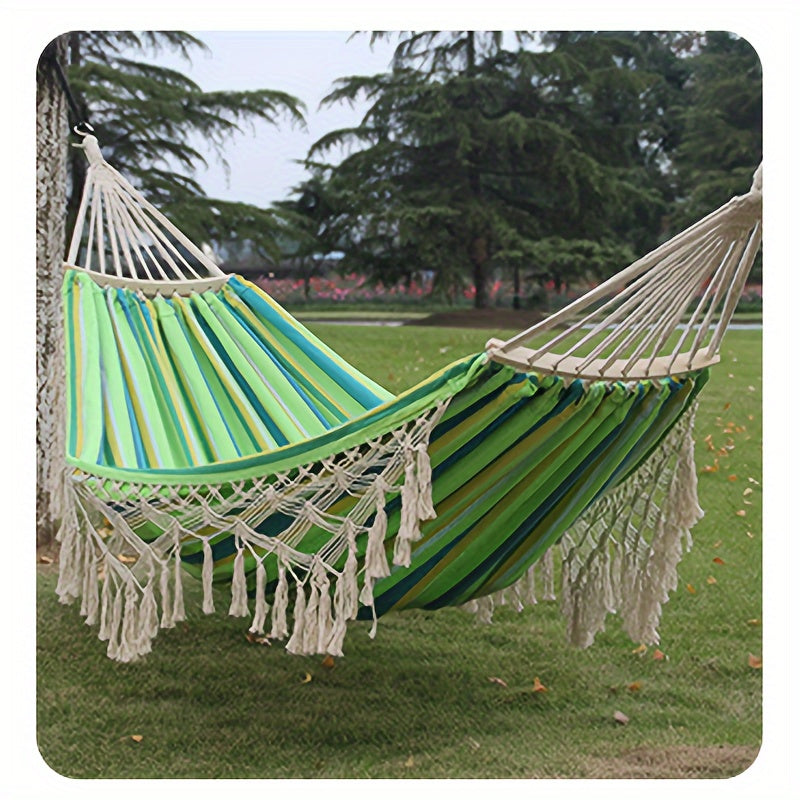 Boho-Hängematte Lunaria Breeze | Mit Pompons & Streifen | Baumwolle | Für 2 Personen | 43–54 kg Tragkraft