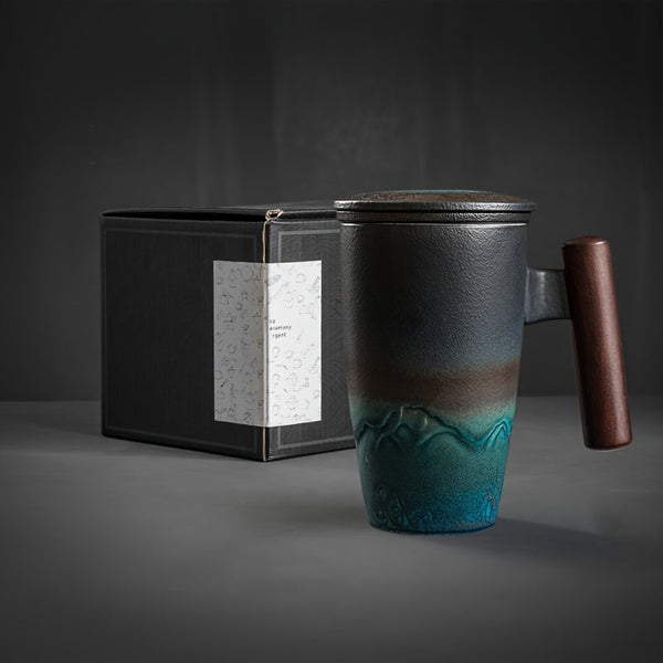 TeaCraft Keramik Tasse | Handgefertigt | Mit Teesieb & Holzgriff | Retro Design