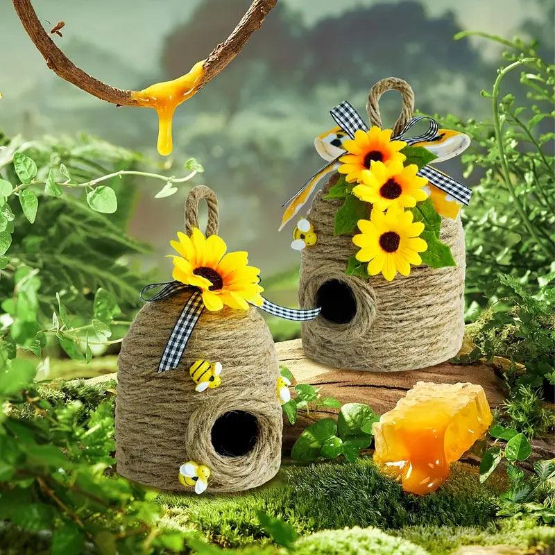 Florabee Hänge-Bienenhaus | Aus Naturhanf mit Sonnenblumendekor | Für Garten, Terrasse & Frühlingsdeko | Ohne Strom