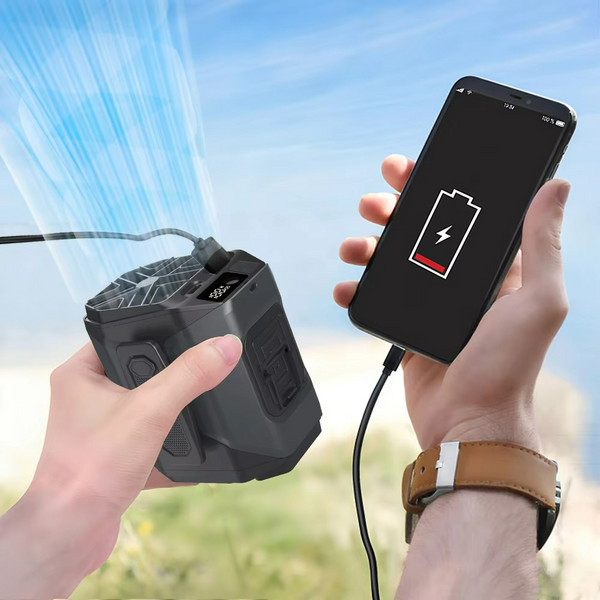 Tragbarer Herren-Ventilator Venturo Noble | 20.000 mAh Powerbank | Gürtelclip & LED-Licht | Kompakt 8,6 × 9,8 cm