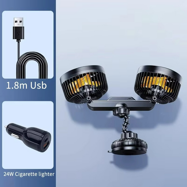 Auto Ventilator AeroDuo Elite | Doppelkopf-Design | Kabellos mit 4000 mAh Akku | 3 Windstufen | Universal-Saugnapf
