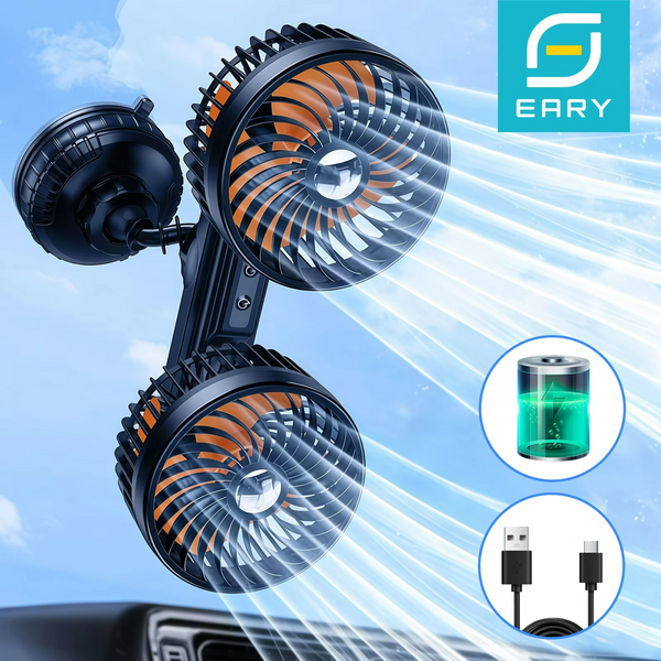 Auto Ventilator AeroDuo Elite | Doppelkopf-Design | Kabellos mit 4000 mAh Akku | 3 Windstufen | Universal-Saugnapf