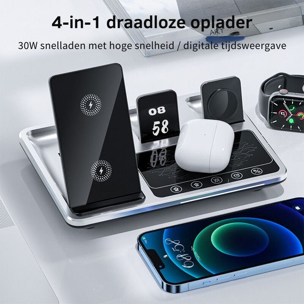 Ladestation VoltEase 4-in-1 | Kabellos & Schnellladen (30W) | Für Smartphone, Watch & Earbuds | Kompakt & Faltbar