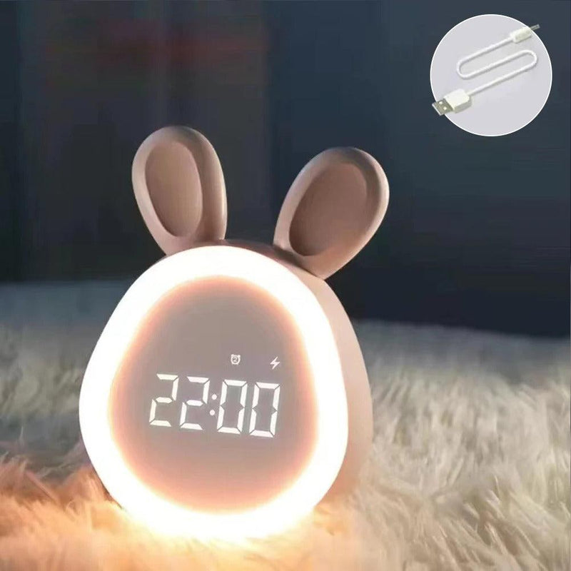 LumiHoppel Kinderwecker | LED Nachtlicht | Energiesparend & Süßes Hasen-Design | Weiß/Rosa | 8,8 x 7,3 x 11,2 cm