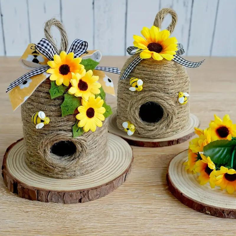 Florabee Hänge-Bienenhaus | Aus Naturhanf mit Sonnenblumendekor | Für Garten, Terrasse & Frühlingsdeko | Ohne Strom