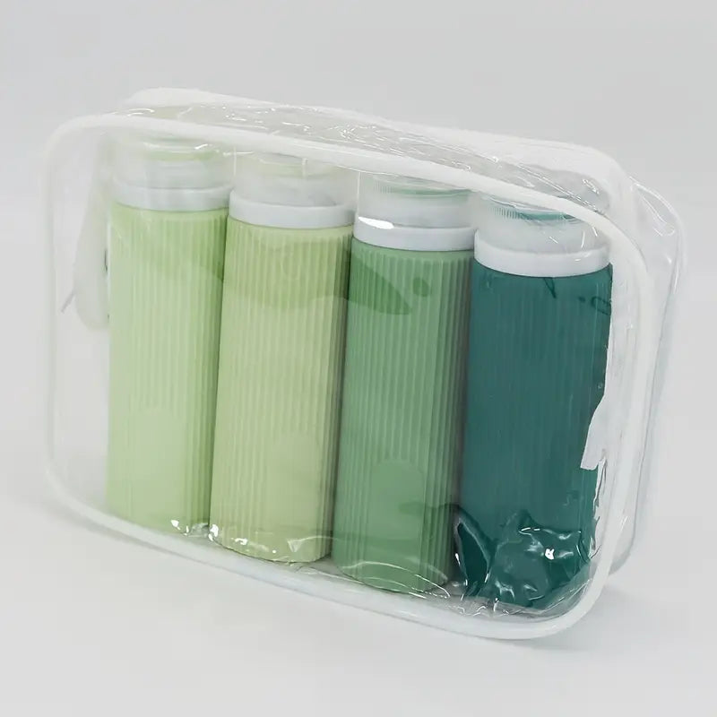 Travellina Auslaufsichere Silikon Reiseflaschen 4er-Set | 89 ml (TSA-konform) | BPA-frei & Nachfüllbar | Mit Zipper-Kulturbeutel