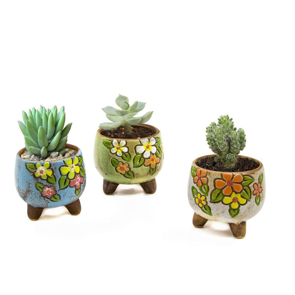 Floraventi Keramik Blumentöpfe 3er-Set | Handbemalt mit Blumenmuster | Vintage Stil & Unikate | Für Innen & Außen