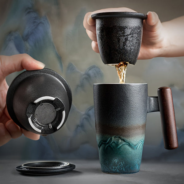 TeaCraft Keramik Tasse | Handgefertigt | Mit Teesieb & Holzgriff | Retro Design