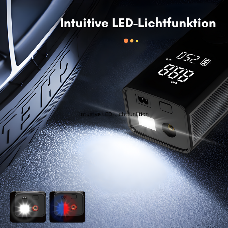 Elektrische Luftpumpe VeloCharge One | 150 PSI | Powerbank & LED-Licht | 4000 mAh Akku | USB-C | 16×4,4×6,7 cm