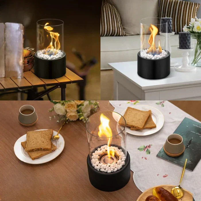 Tischlaterne FlammaLume | Tragbare Deko-Feuerlampe | Modernes Design & Flammeneffekt | Für Innen & Außen | Rund aus Stahl & Glas