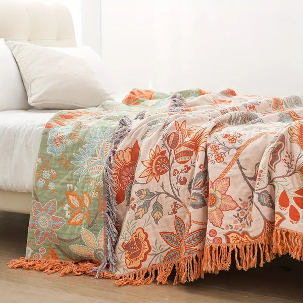 BohoBloom Decke | 100% Baumwolle | Blumenmuster | Vielseitig & Pflegeleicht