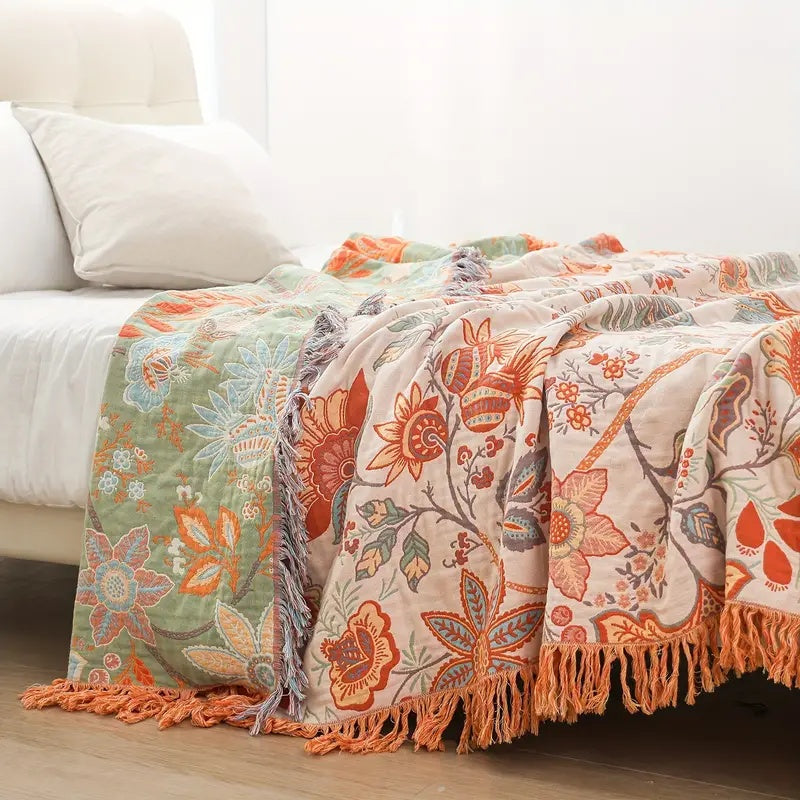 BohoBloom Decke | 100% Baumwolle | Blumenmuster | Vielseitig & Pflegeleicht