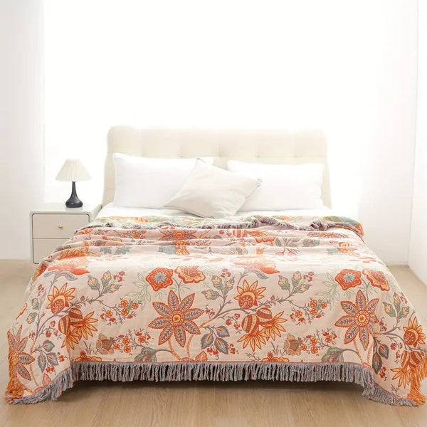 BohoBloom Decke | 100% Baumwolle | Blumenmuster | Vielseitig & Pflegeleicht