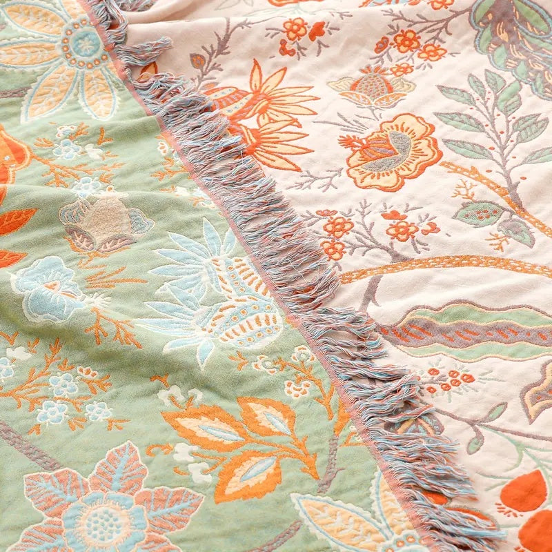 BohoBloom Decke | 100% Baumwolle | Blumenmuster | Vielseitig & Pflegeleicht