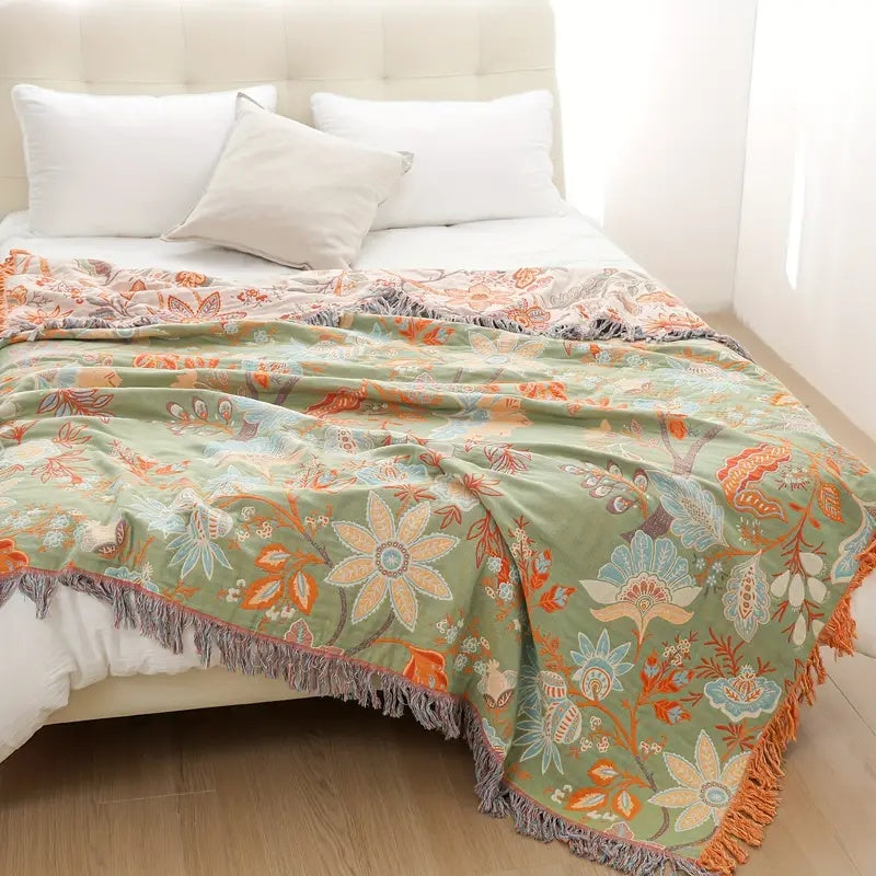 BohoBloom Decke | 100% Baumwolle | Blumenmuster | Vielseitig & Pflegeleicht