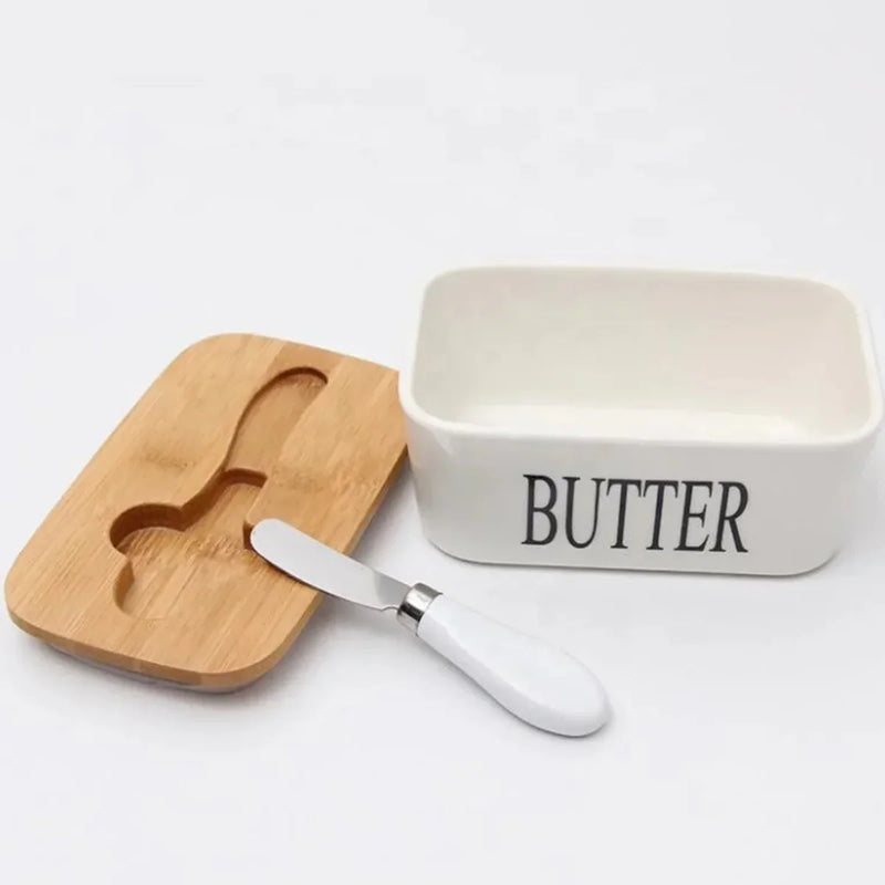 Nordura Keramik Butterschale mit Bambusdeckel & Messer | Frisch & Stilvoll | Für 250 g Standardbutter