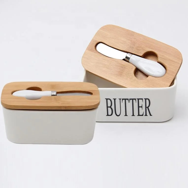Nordura Keramik Butterschale mit Bambusdeckel & Messer | Frisch & Stilvoll | Für 250 g Standardbutter
