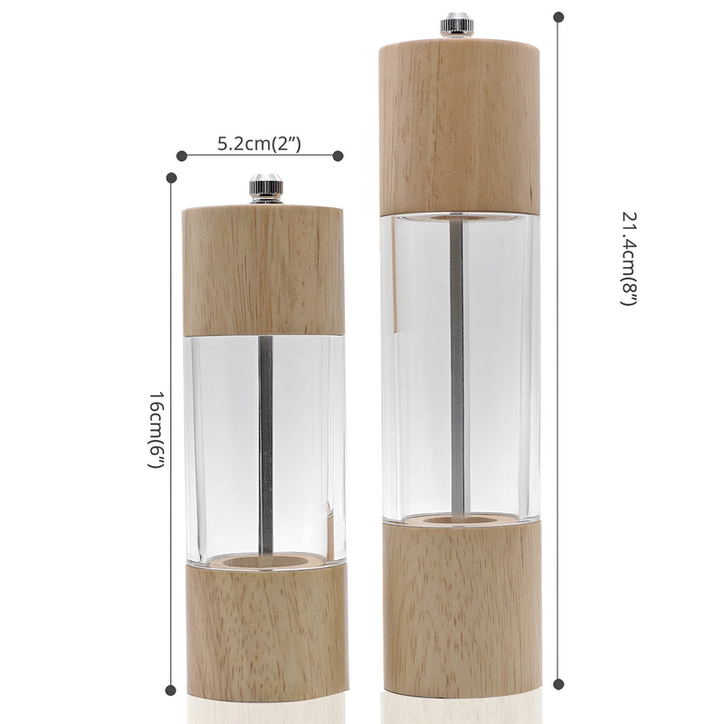 Pfeffer- & Salzmühlen-Set Mahlholz | Naturholz & Keramikmahlwerk | Sichtfenster & Reinigungsbürste | 2-teilig