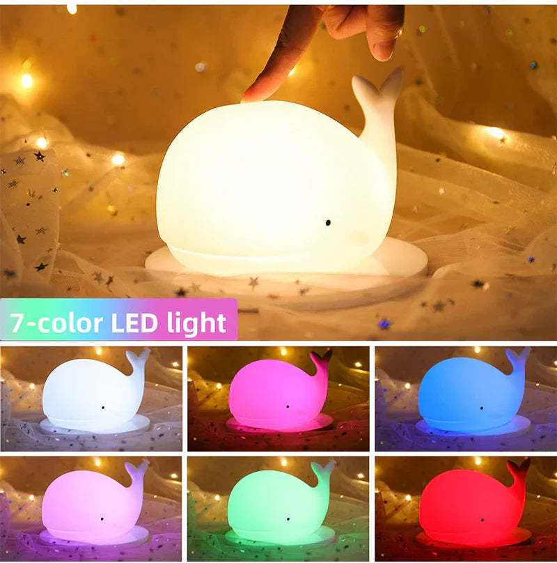 Kinder Nachtlicht WALLYLOON | Farbwechsel LED | Touchsensor | USB | Wal-Design aus Silikon