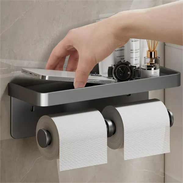 AluminoSpace Toilettenrollenhalter | Mit Ablagefläche | Wandmontage | Rostfrei & Modern