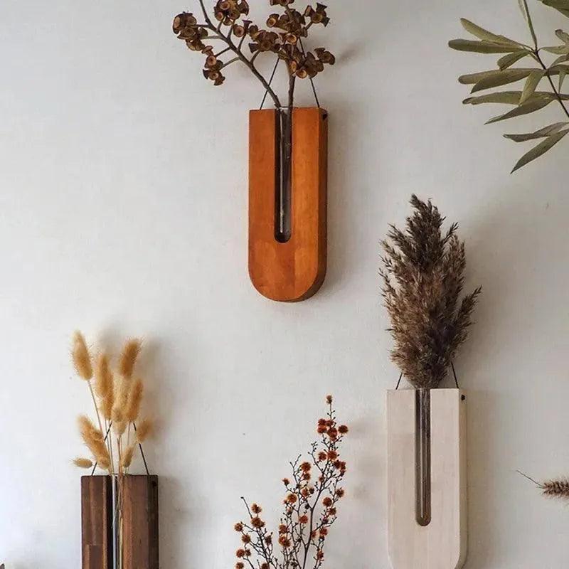 Wandvase FLORAVIA | Holz & Glas | 22×8,5×3 cm | Minimalistisches Design für Blumen & Pflanzen